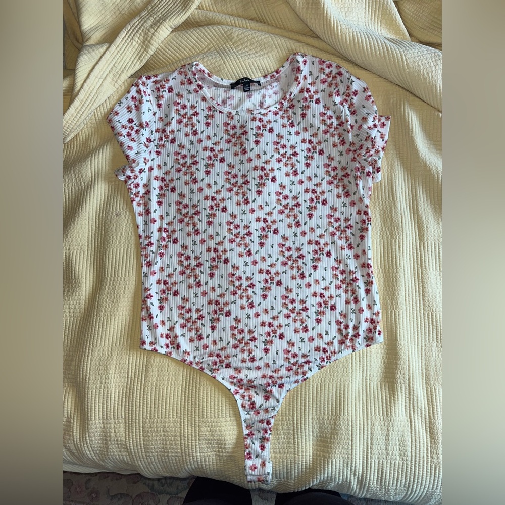 Lulus White Ribbed Bodysuit with Pink and Green Floral Print